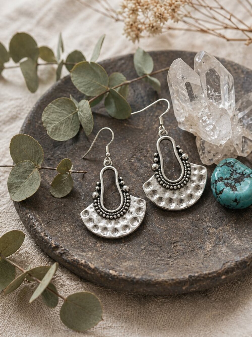 Antique Silver Plated Hammered Fan Statement Drop Dangle Earrings Boho Chic